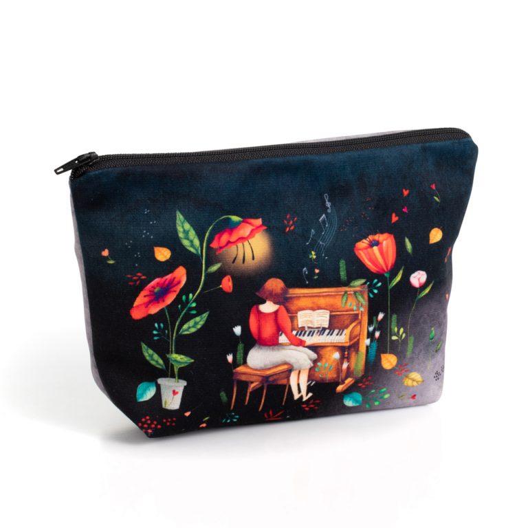 Trousse maquillage Mélodie du coeur Trousse de maquillage illustrée sur le thème de la musique et du piano, imprimée en france sur une matière velours